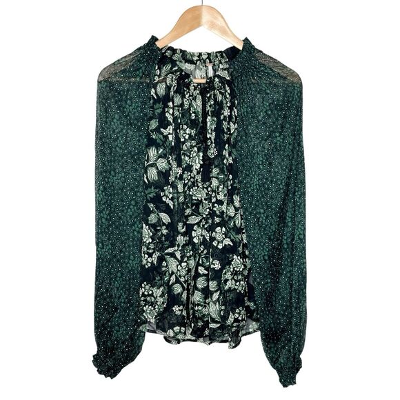 Free People Floral Sheer Blouse Green Womens Small Tasseled Cottagecore - Picture 1 of 9